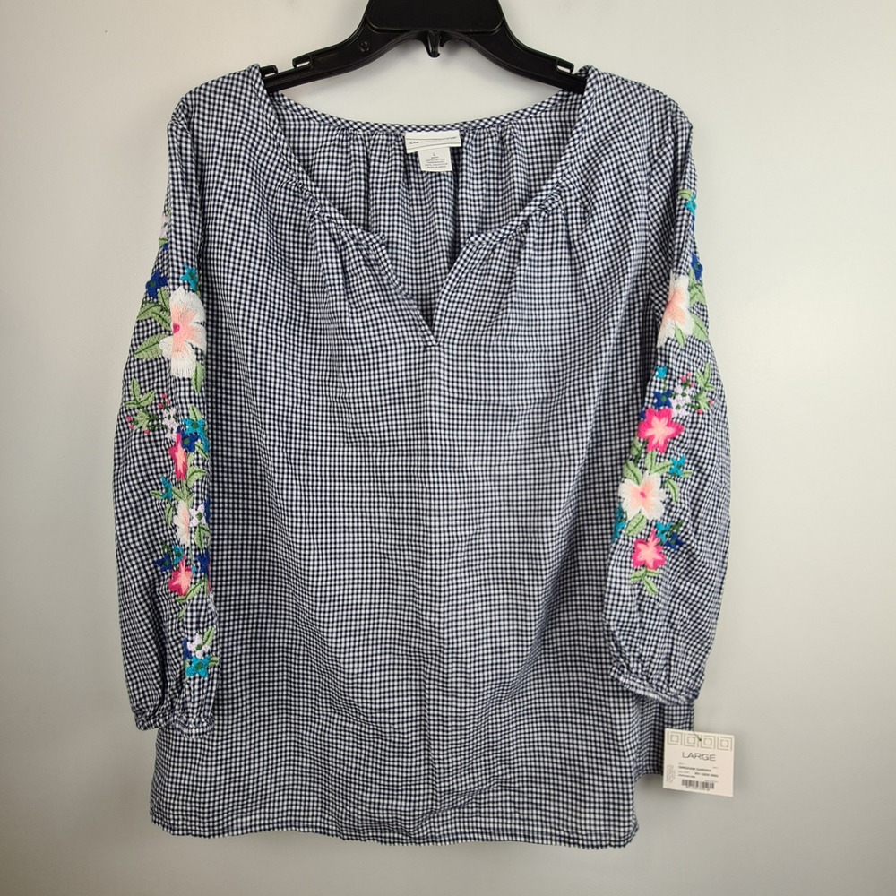 Liz Claiborne Gingham Garden Floral Embroidered Peplum Top Navy White Large NWT